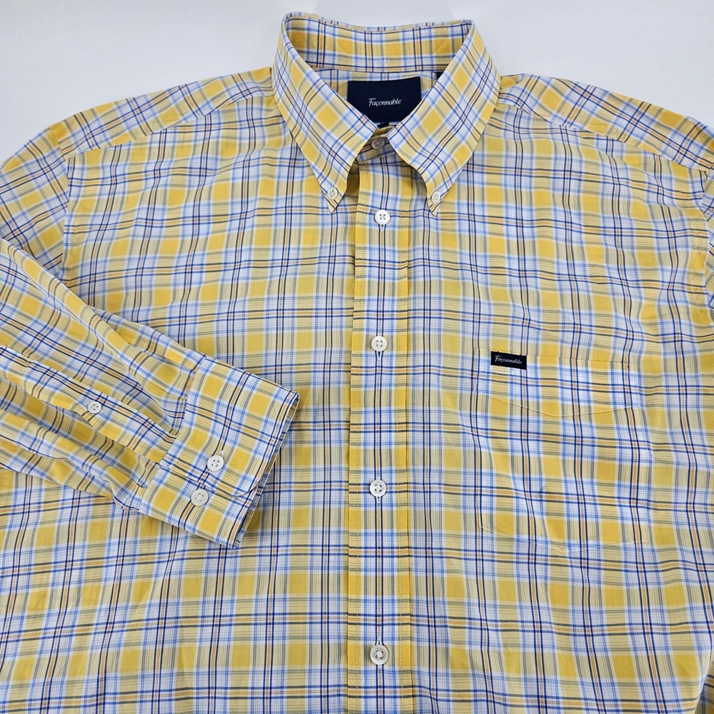 Faconnable Classique Mens XL Yellow Blue Plaid Cotton Button Down Shirt L/S